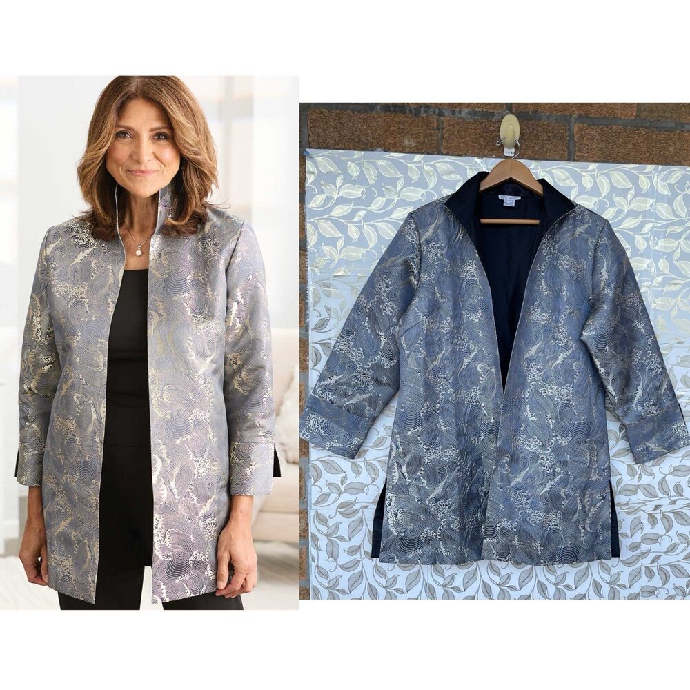 Grace Chuang Blue Brocade Kimono Jacket XL Vintage Swirl Wave Whimsigoth
